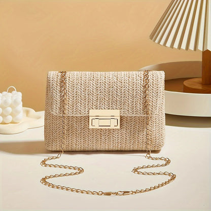 Women’s Woven Straw Crossbody Bag – Handmade Summer Shoulder Purse with Lock Closure
