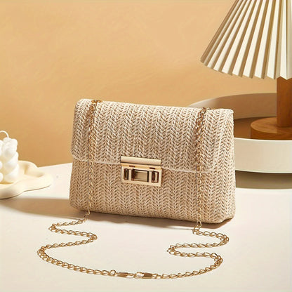 Women’s Woven Straw Crossbody Bag – Handmade Summer Shoulder Purse with Lock Closure