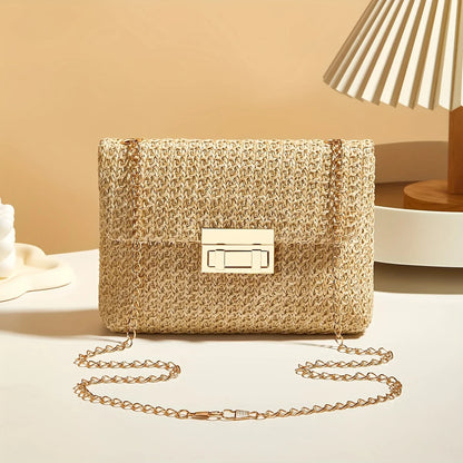 Women’s Woven Straw Crossbody Bag – Handmade Summer Shoulder Purse with Lock Closure