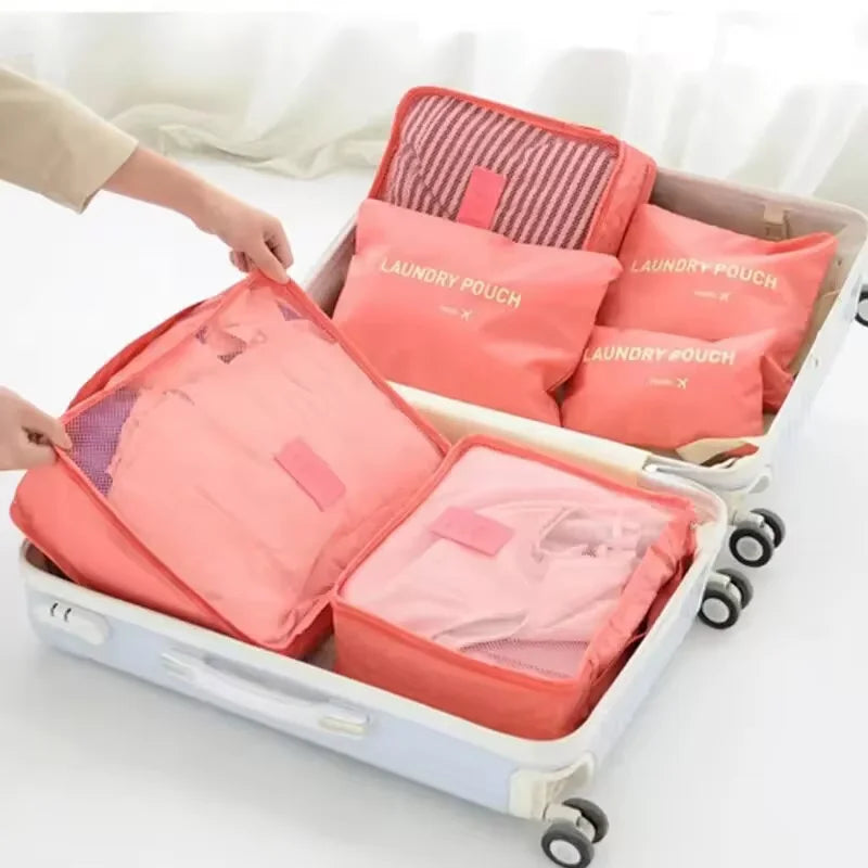 6 Pcs/Set Travel Storage Bags Large Capacity Waterproof Luggage Organizer for Clothes, Underwear & Accessories Zippered Travel Bags in Pink, Blue & Grey