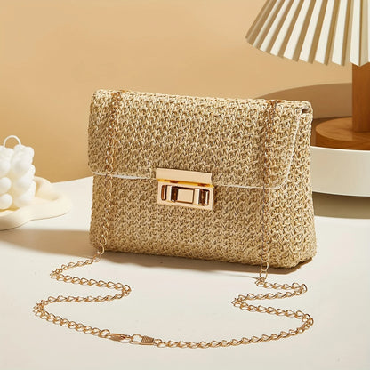 Women’s Woven Straw Crossbody Bag – Handmade Summer Shoulder Purse with Lock Closure
