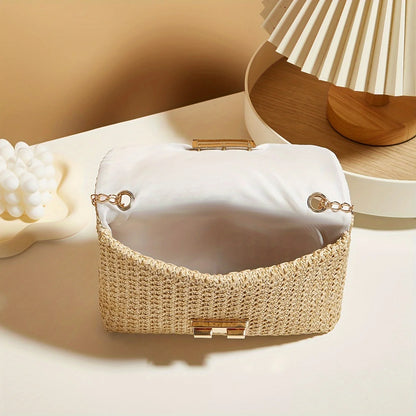 Women’s Woven Straw Crossbody Bag – Handmade Summer Shoulder Purse with Lock Closure