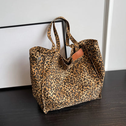 Leopard Print Large Capacity Canvas Tote Bag Retro Fashion Shoulder Bag for Work, School & Shopping