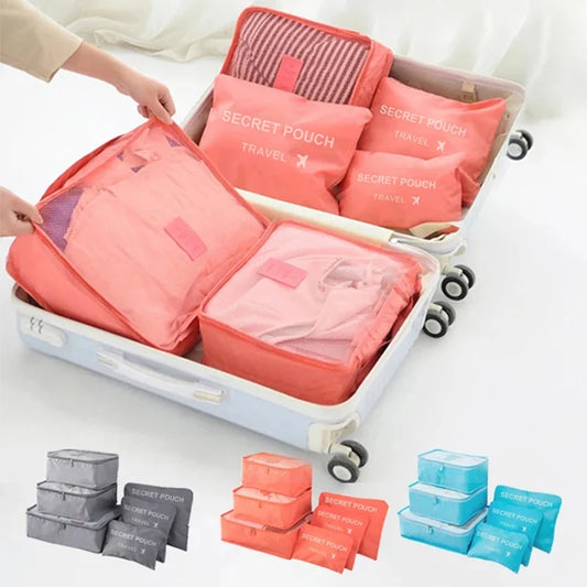 6 Pcs/Set Travel Storage Bags Large Capacity Waterproof Luggage Organizer for Clothes, Underwear & Accessories Zippered Travel Bags in Pink, Blue & Grey