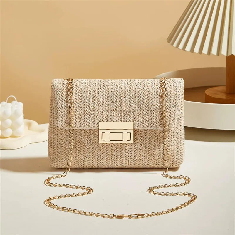 Women’s Woven Straw Crossbody Bag – Handmade Summer Shoulder Purse with Lock Closure