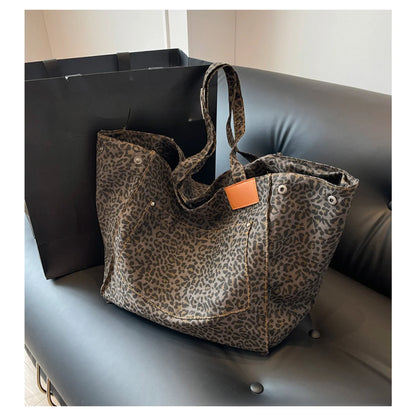 Leopard Print Large Capacity Canvas Tote Bag Retro Fashion Shoulder Bag for Work, School & Shopping